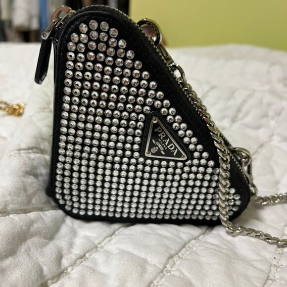 Prada Triangular Embellished Satin And Leather Mini-pouch - Picture 2 of 6